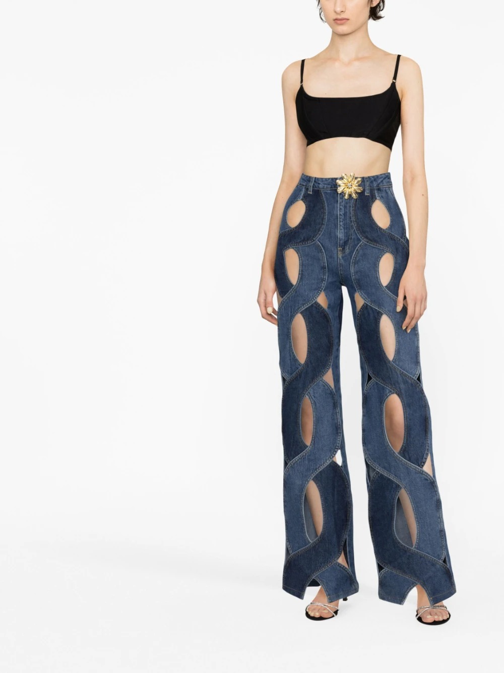 Embellished cutout high-rise wide-leg jeans in blue - Area