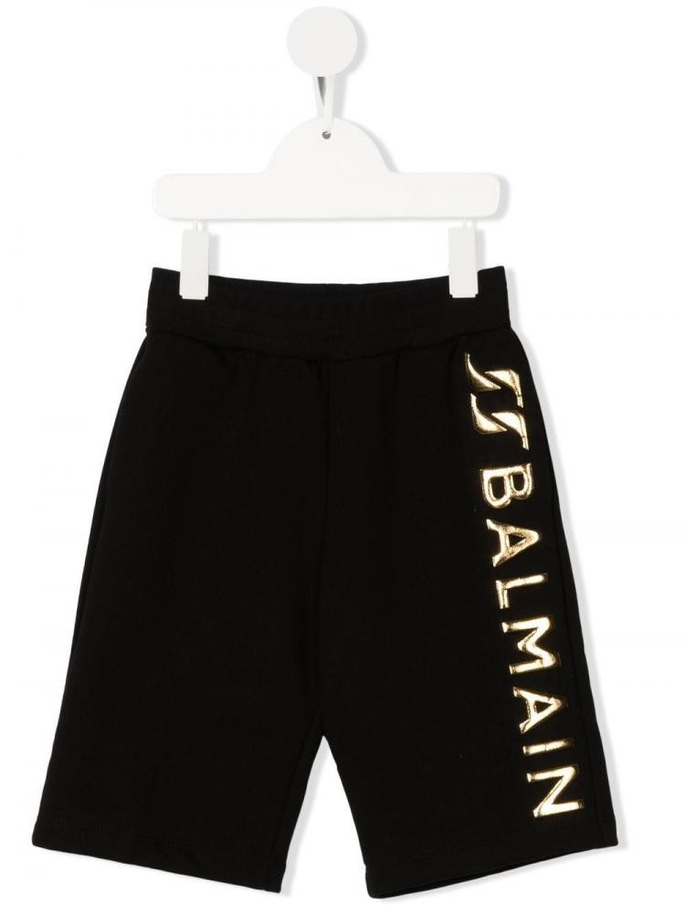 Balmain Kids - logo-print cotton shorts black gold