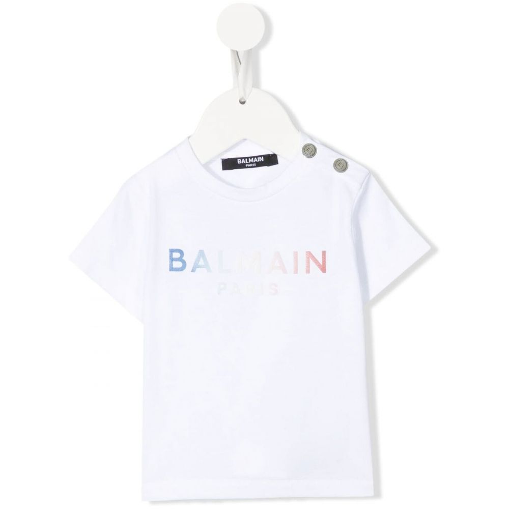 Balmain Kids - logo-print buttoned shoulder T-shirt white