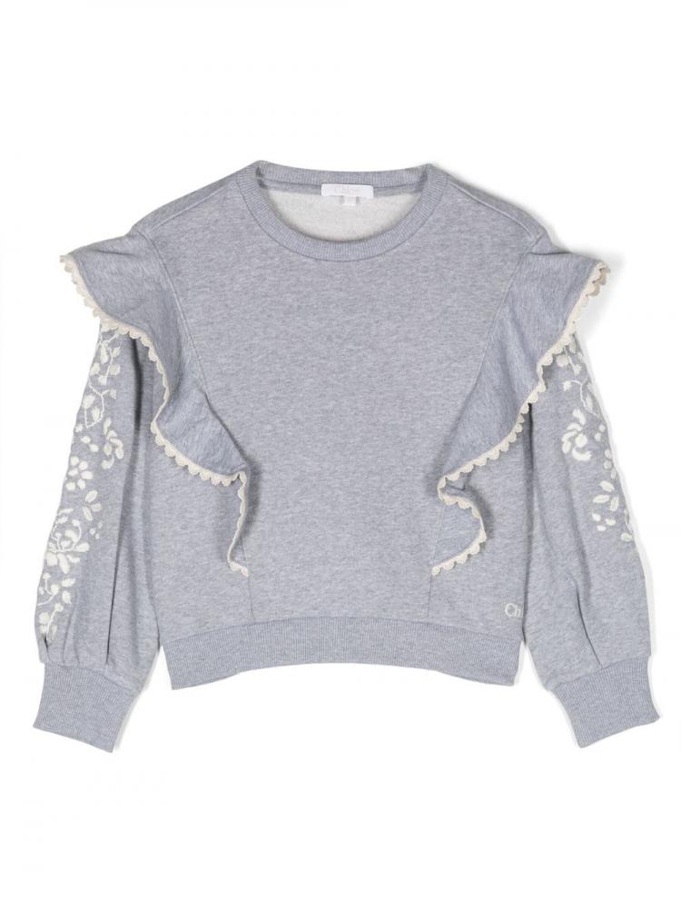 Chloe Kids - ruffle-detail floral-embroidery sweatshirt