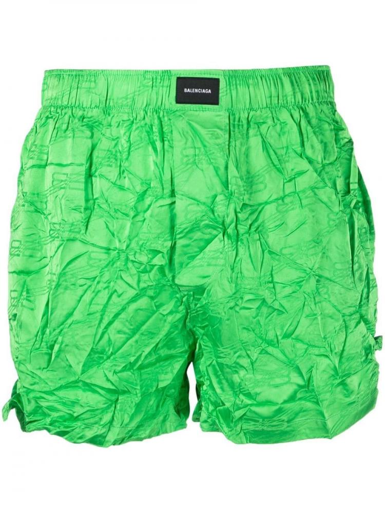 Balenciaga - logo-patch creased pyjama shorts green