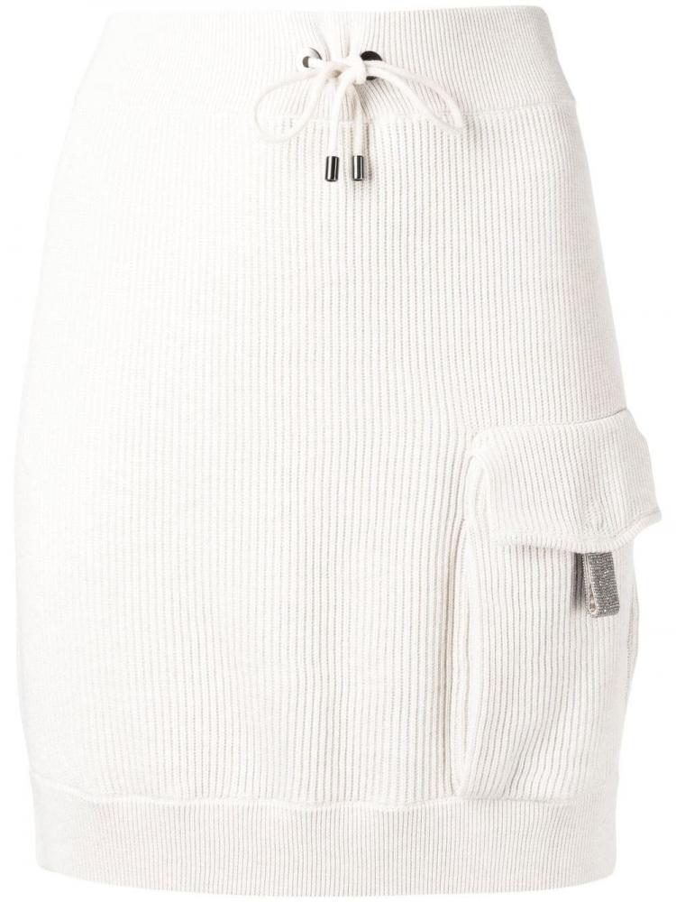 Brunello Cucinelli - drawstring ribbed-knit miniskirt  Brunello Cucinelli's miniskirt draws inspiration from track pants. This ribbed-knit iteration is fitted with a sporty drawstring fastening and a front patch pocket.  Made in Italy  Highlights ivory white cotton fine ribbe
