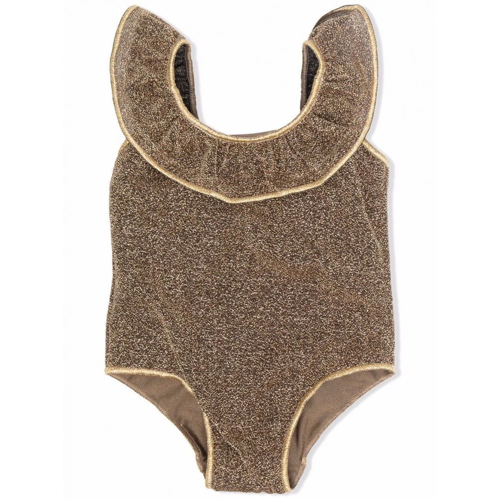 Oseree Kids - Sand-brown metallic-effect ruched swimsuit
