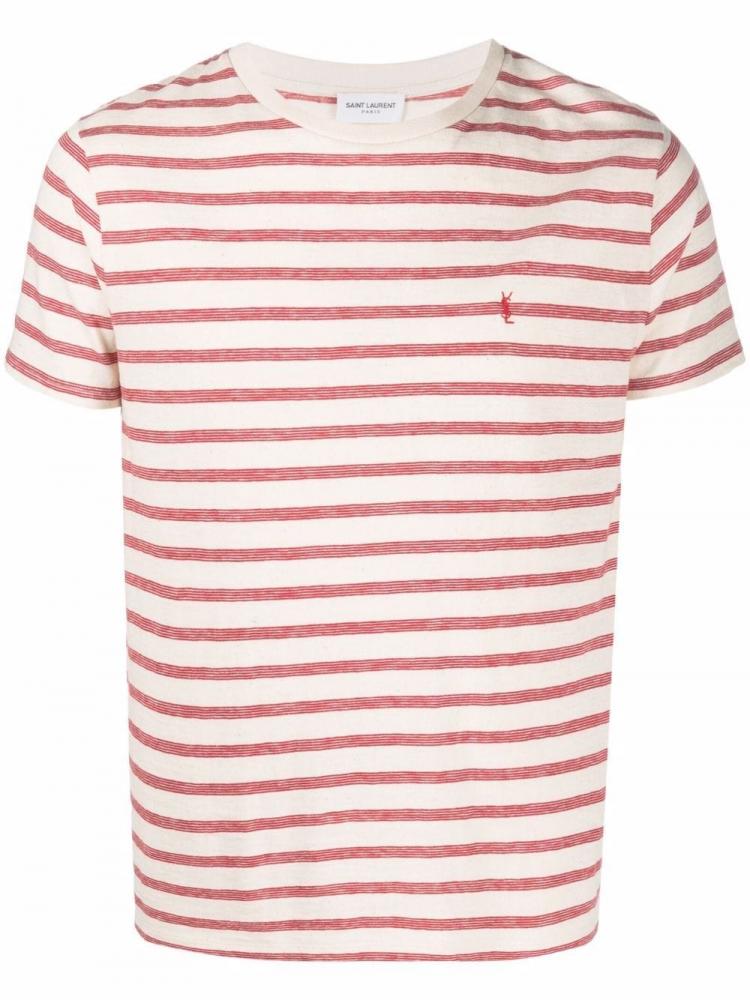 Saint Laurent - striped embroidered-logo T-shirt red