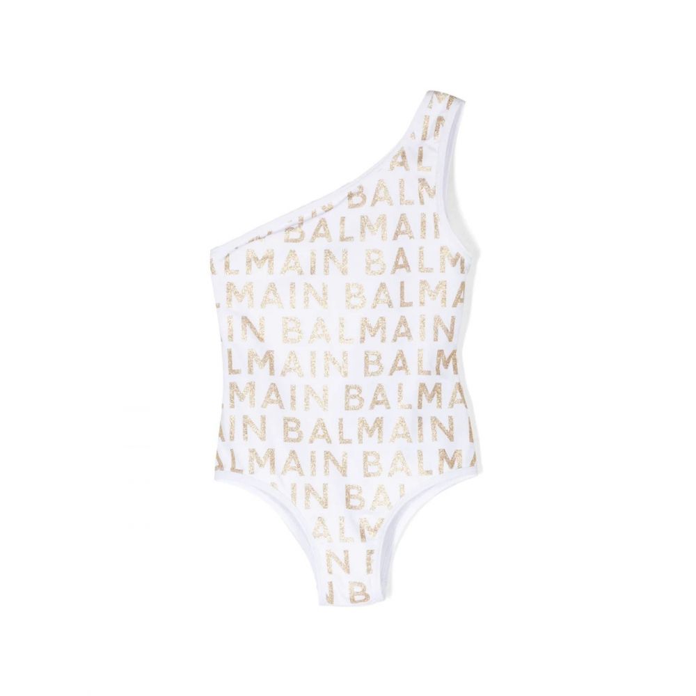 Balmain Kids - glittery logo-detail one-shoulder swimsuit
