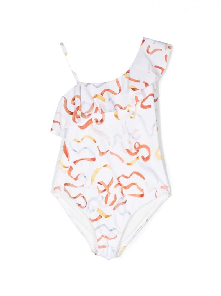 Chloe Kids - Asymmetric ribbon-print ruffled swimsuit