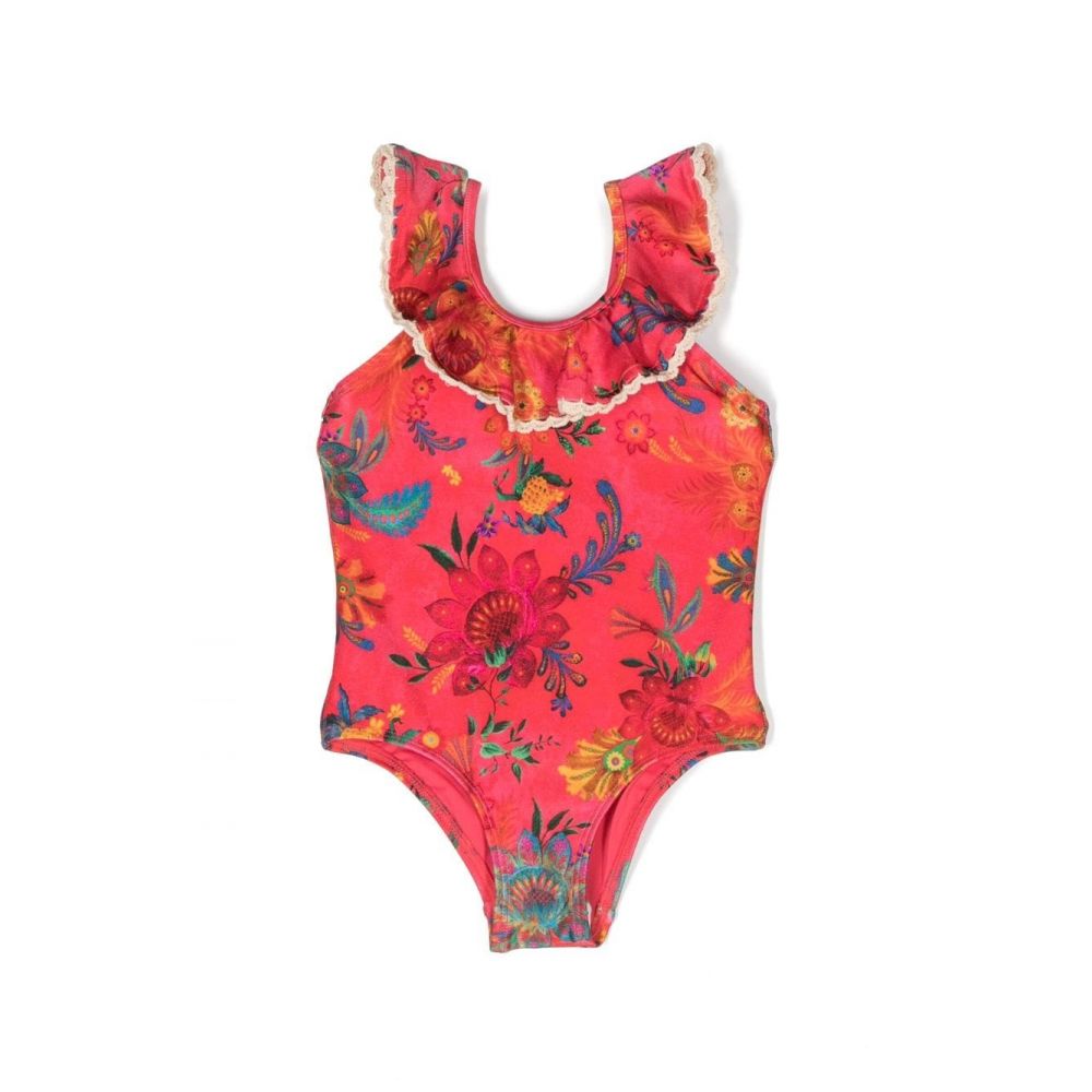 Zimmermann Kids - floral-print ruffled-neckline swimsuit