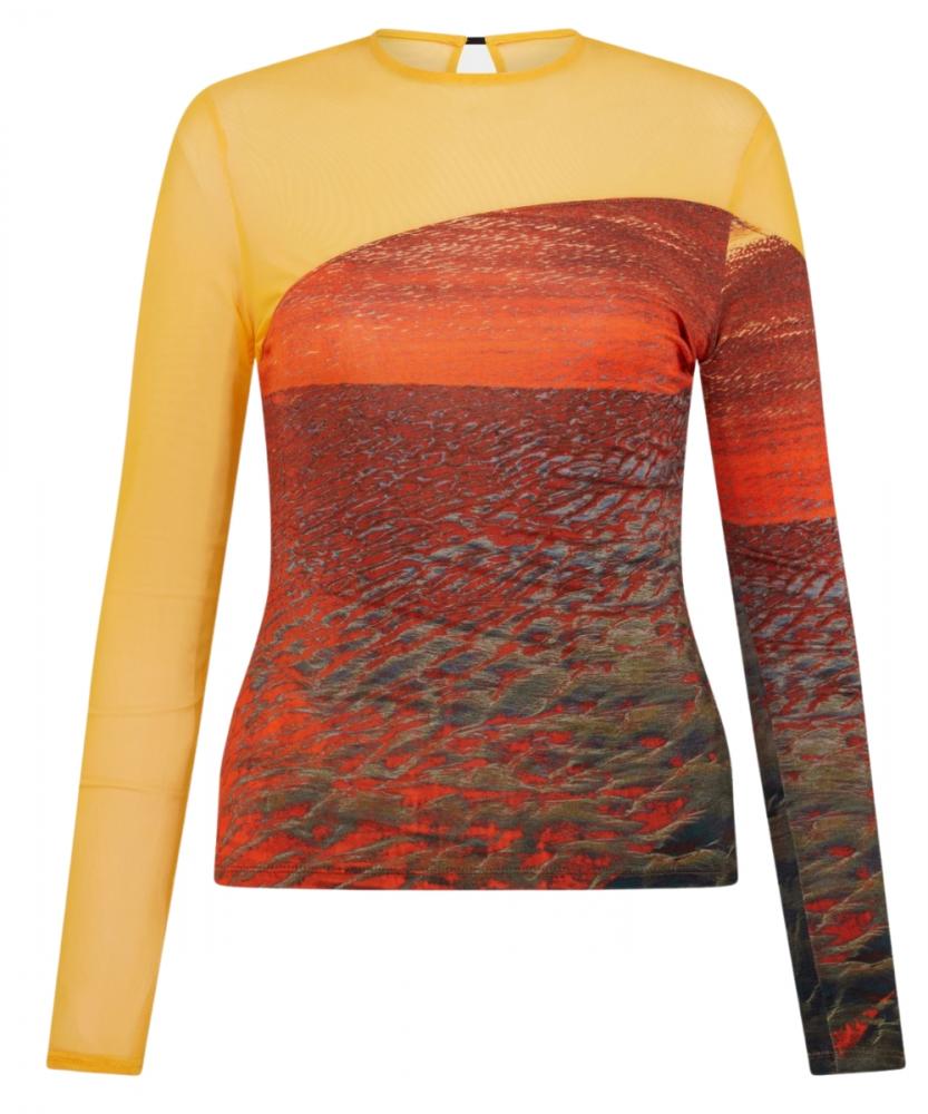 Louisa Ballou - Long Sleeve Seamed Top in Orange/Painted Sunset.