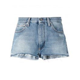 Buy Shorts Off-White logo-print frayed-edge denim shorts