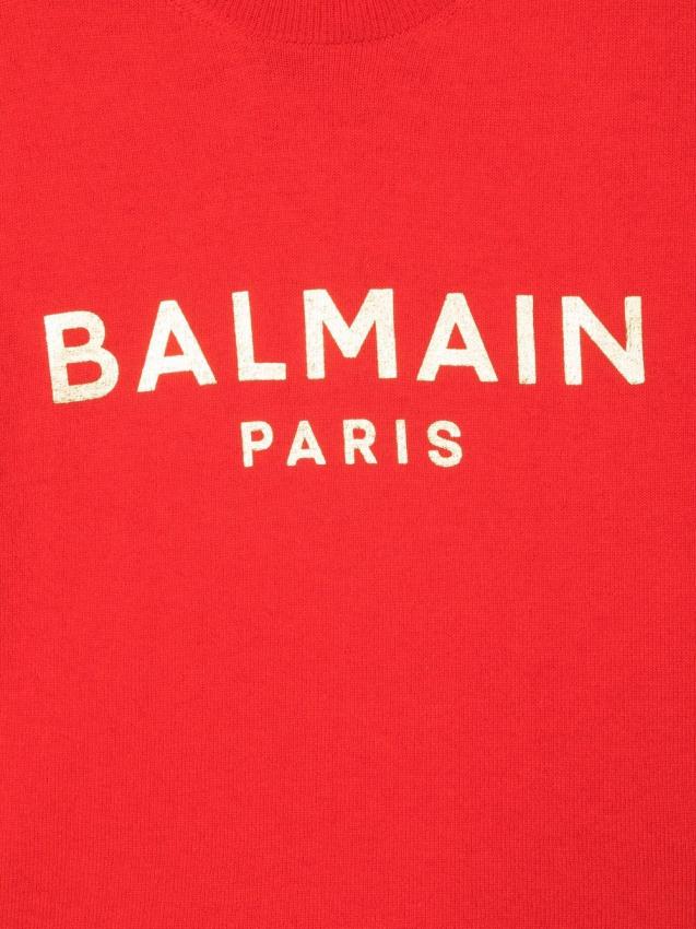 Balmain Kids - cold-shoulder logo-print wool top red