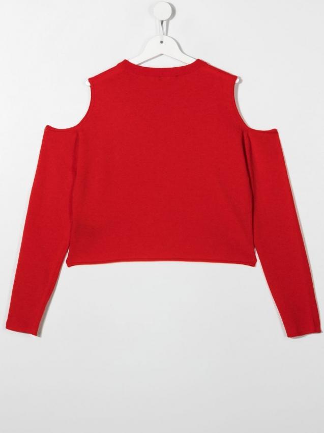 Balmain Kids - cold-shoulder logo-print wool top red
