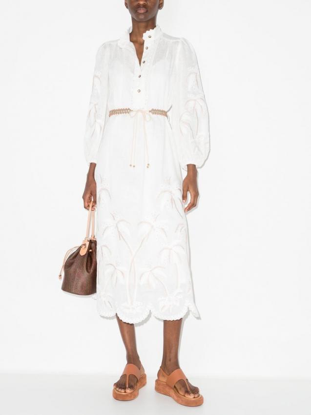 Zimmermann - palm tree print belted midi shirt dress white