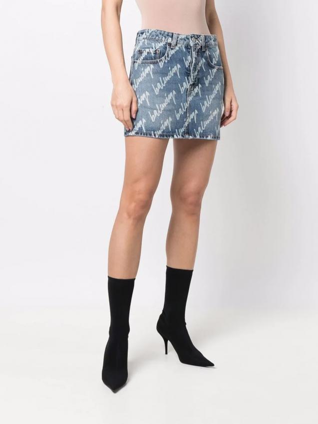 Balenciaga - all over logo-print denim mini skirt