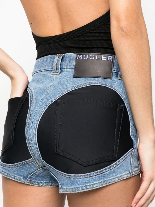 Mugler - contrast-panels denim shorts