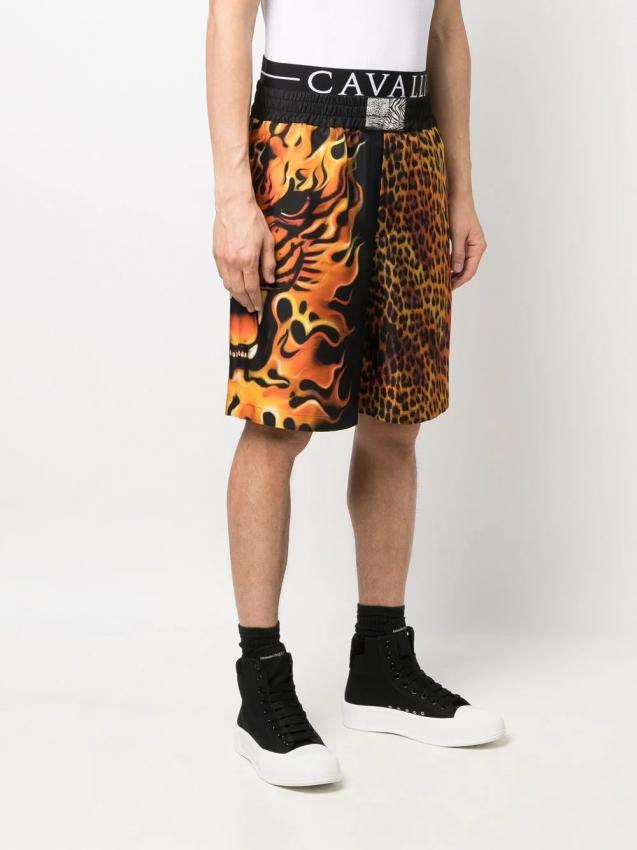Roberto Cavalli - logo-waistband animalier-patch shorts
