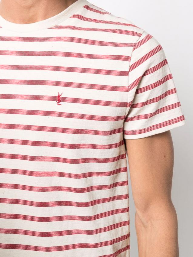 Saint Laurent - striped embroidered-logo T-shirt red