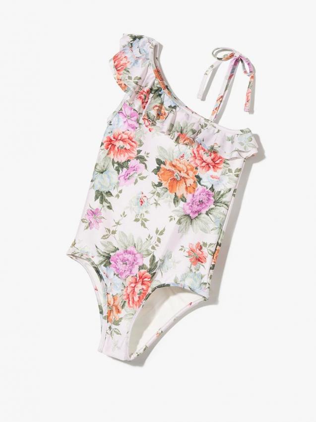 Zimmermann Kids - floral-print one-shoulder ruffled swimsuit