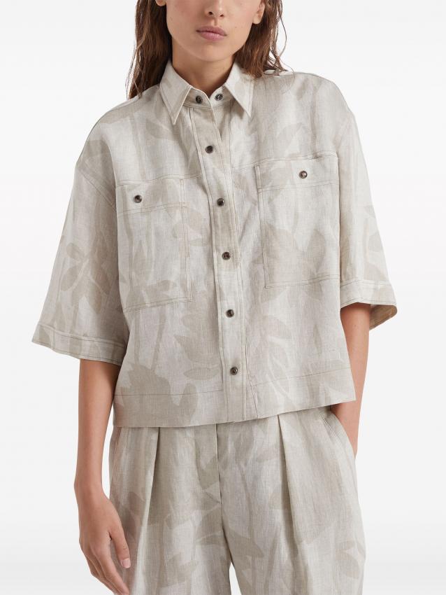 Brunello Cucinelli - leaf-print linen shirt