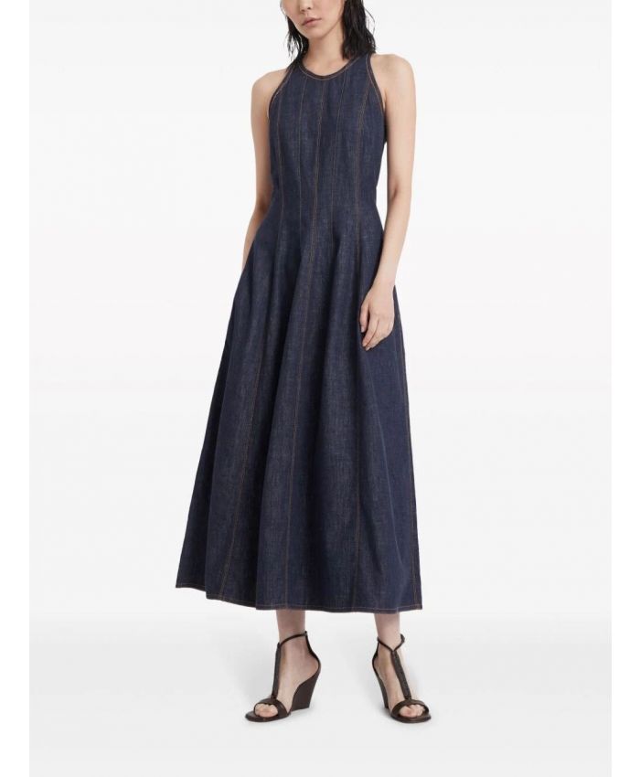 Brunello Cucinelli - Glossy Denim Structured Midi Dress with Contrast Stitching