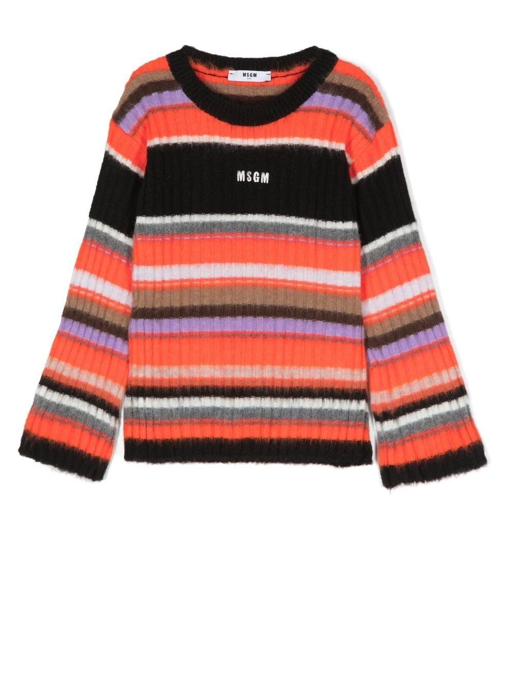 MSGM Kids ribbed-knit striped straight skirt - Orange