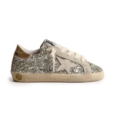 Super-Star Young in glitter with a suede star and gold heel tab