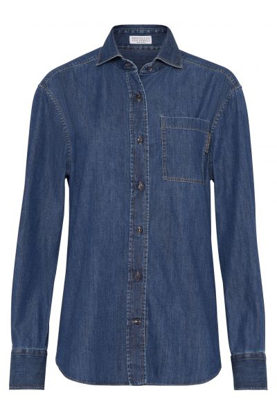 Monili-detail buttoned denim shirt