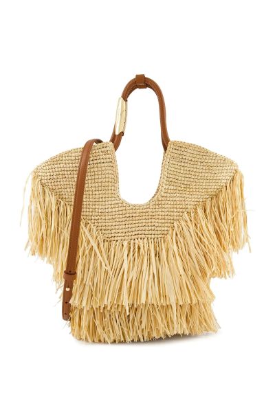 fringed straw handbag