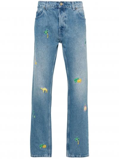 embroidered-design cotton straight-leg jeans