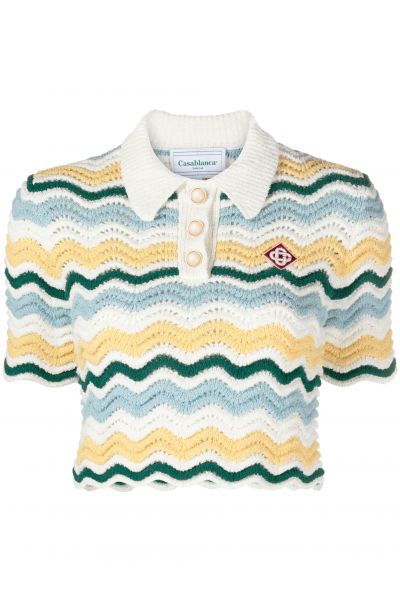 chevron-striped crochet polo shirt