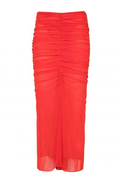 ruched mesh midi skirt