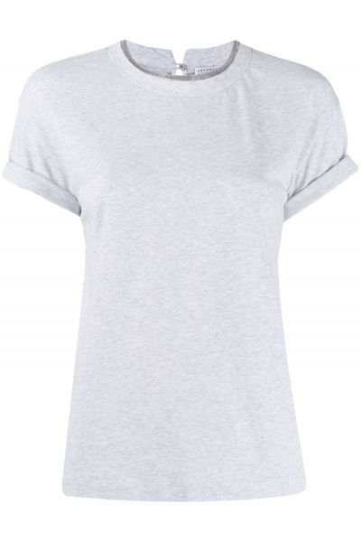 Grey-marl cotton-blend round-neck beaded T-shirt