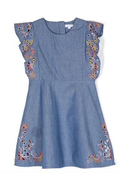 embroidered sleeveless denim dress