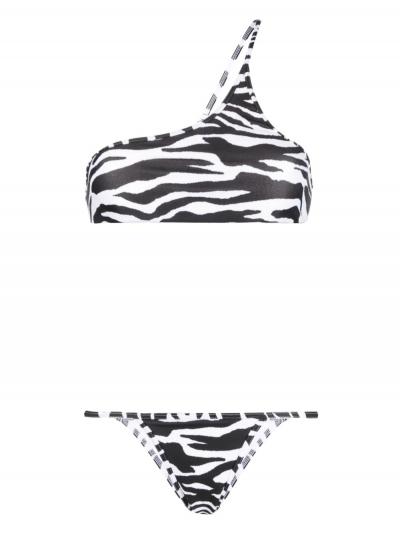 one-shoulder zebra-print bikini set