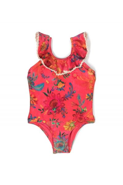 floral-print ruffled-neckline swimsuit