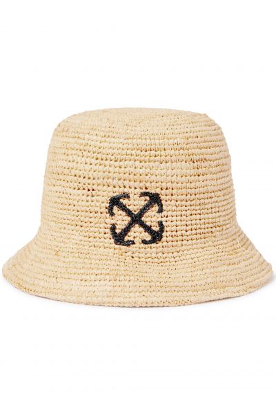 Arrows-embroidered raffia bucket hat