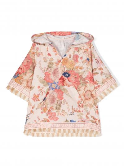 August floral-print fringed blouse
